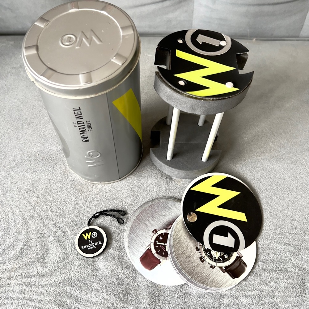 RAYMOND WEIL W1 Metal Watch Box 5.75x3.5 inches + Booklet + Tag